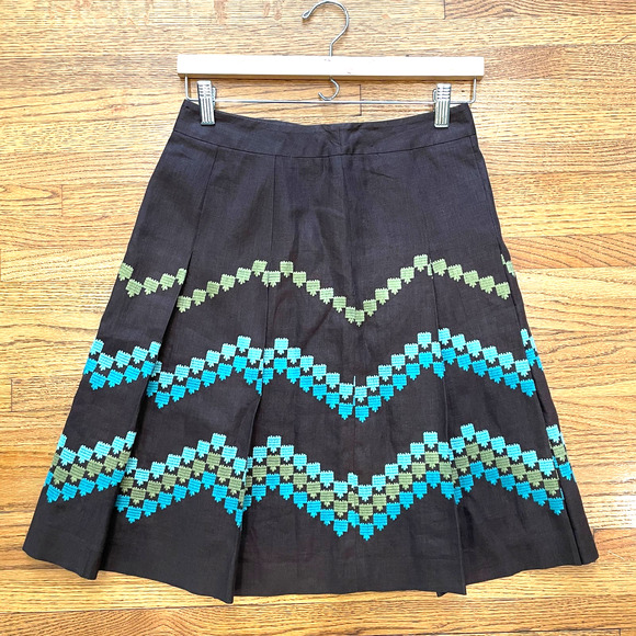 Ann Taylor LOFT Women's Sz 0P Linen Pleated Flare Skirt Chevron Embroidered - Picture 4 of 10